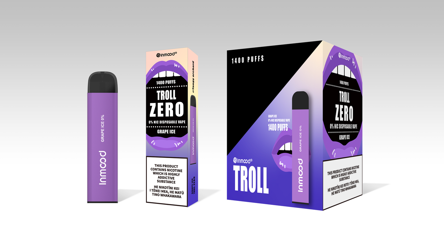 Zero Nicotine Vape- Troll Zero 1600 puffs (box of 10 )